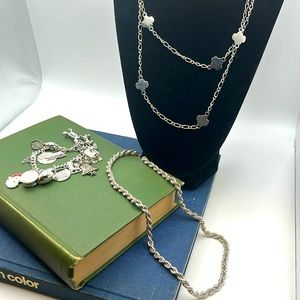 Silver colored Charm Bracelet, Monet Coiled Chain and Clover China Chain